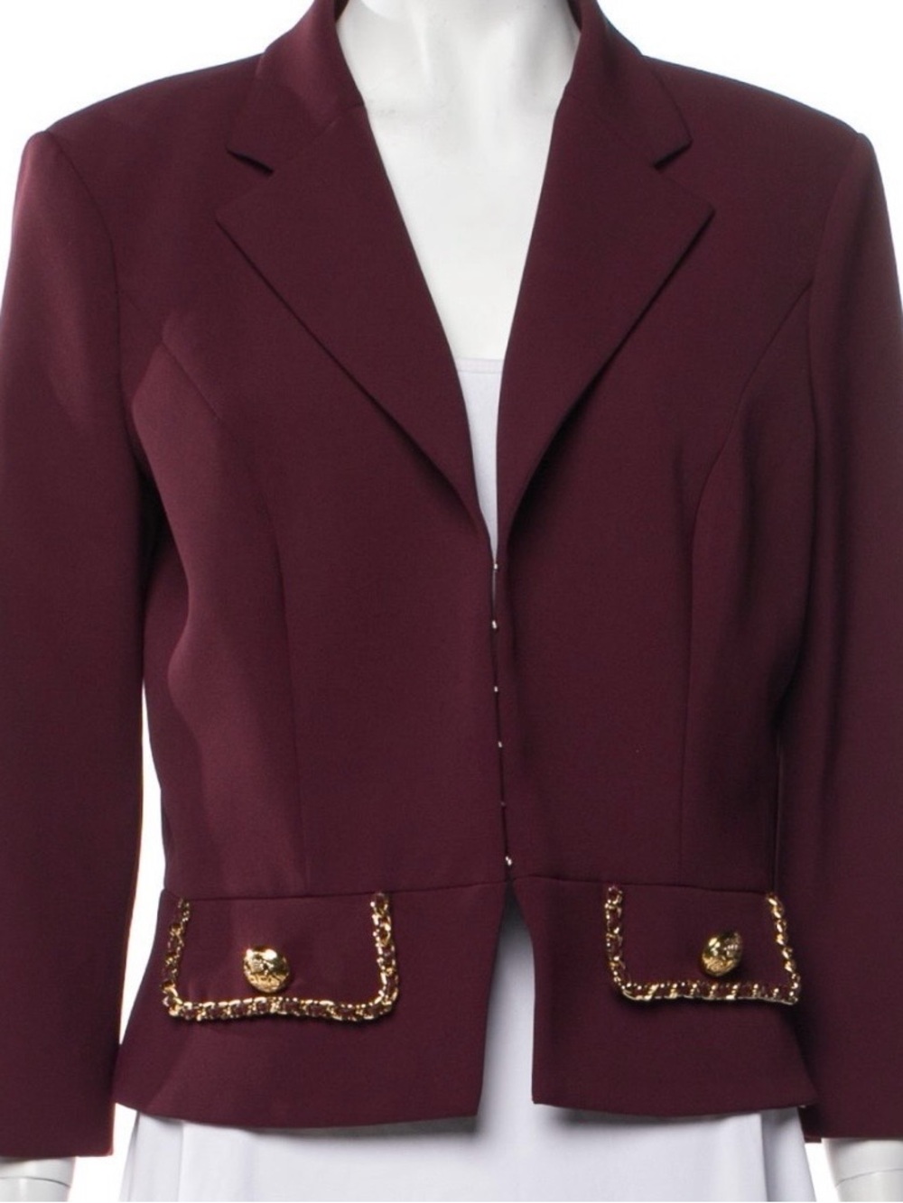 Tailored Burgundy Blazer with Gold Chain-Trim Pockets